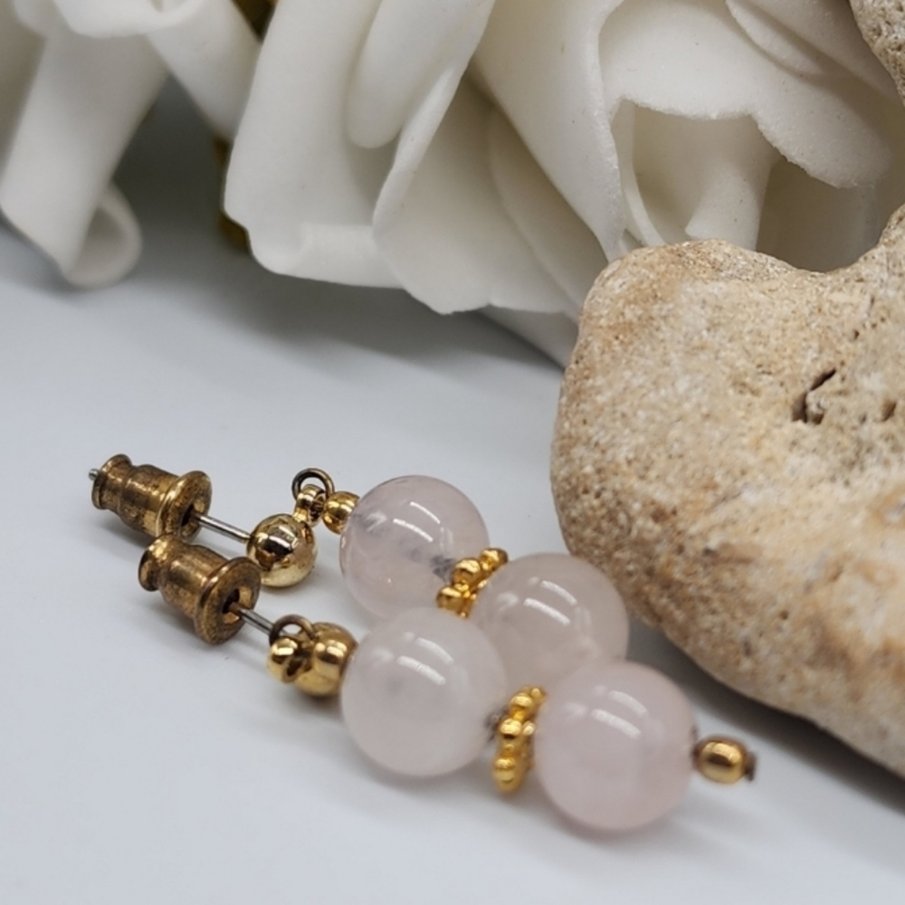 Natural Roze Quartz Stones vintage Minimalist Gold Studs Lightweight Earrings - Picture 4 of 6